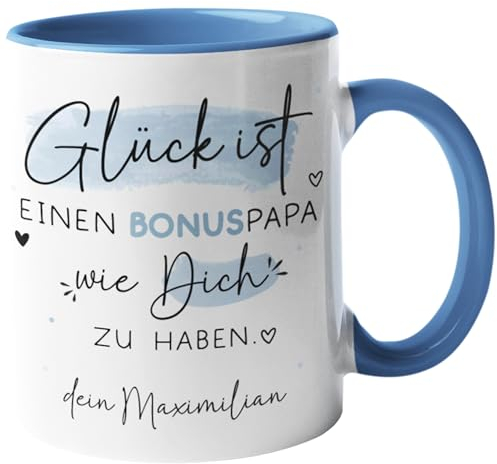 Personalisierte Tasse mit Wunschnamen Glück ist Geschenk zum Muttertag, Geburstag, Ostern, Vatertag, Weihnachten. Mama, Oma, Papa, Opa, Freundin - 330ml (Bonus Papa, Tasse - Innen & Henkel Blau)