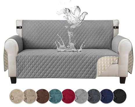 Jaotto Sofabezug 2 Sitzer wasserdichte Sofa Überzug mit Armlehnen Antirutsch Sofaschoner Sofaüberwurf Reversible Gesteppte Couch überzug für Haustiere Katzen Hunde,Blassgrau