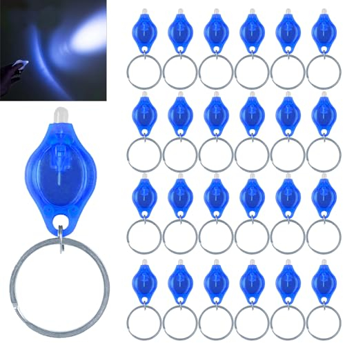 MODOAO Mini LED Keychain Flashlight, 24 Pack Portable Ultra Bright Battery Powered Blue Light Torch with Key Ring, for Outdoor Camping Hiking and Emergency Lighting