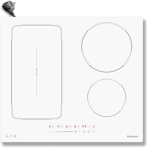 Karienvir Placa induccion 4 fuegos blanco con enchufe, Placa de inducción Zonas flexibles 60cm, 3500W, Función Boost, Control deslizante, Temporizador, Bloqueo de seguridad