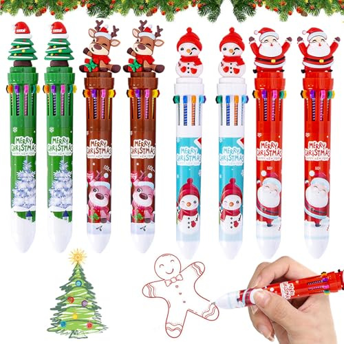 8 Stück Weihnachts Kugelschreiber, 10-in-1 Mehrfarbig Stifte, 10 Farben Weihnachtskugelschreiber, Einziehbare Stifte Weihnachten, Kleine Weihnachtsgeschenke für Studenten Kinder Partytütenfüller