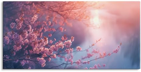 Paul Sinus Wandbild auf Leinwand in 120x60cm Kirschblüten Sonnenuntergang Wasser Rosa Natur Ruhe Frühling Leinwandbild