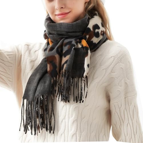 Soudittur Schal Damen Winter Leoparden Muster Pashmina Schals und Tücher mit Fransen Lange Winterschal Warmer Oversized XXL Schal (Gelb)