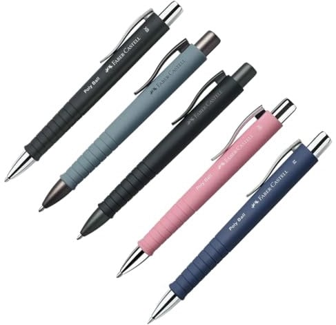 Faber-Castell - Kugelschreiber Poly Ball XB 5er Set schwarz, rosé, stone grey, all black und dunkelblau (M) je 1 Stück, mit auswechselbarer Mine, dokumentenecht (5 Stück, Bunt)