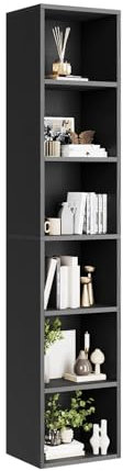 oneinmil Bücherregal, Bücherschrank mit 6 Ebenen, Bücherregal Schmal, Standregal, Modernes offenes Regal aus Holz, für Wohnzimmer, Schlafzimmer, Büro, Arbeitszimmer, 23,5 x 30 x 181 cm, Schwarz