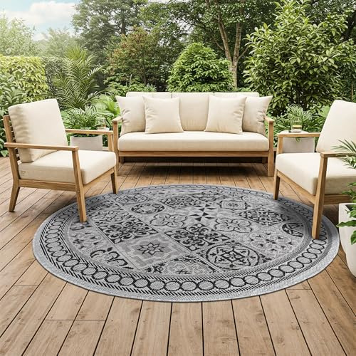 TAPISO Melissa Rund Teppich Outdoor Schwarz Grau Mosaik 140 x 140 cm | UV-Resistent strapazierfähiger Teppich mit Sisaloptik für Küche Flur Wohnzimmer Balkon Terrasse Modern OEKO-TEX