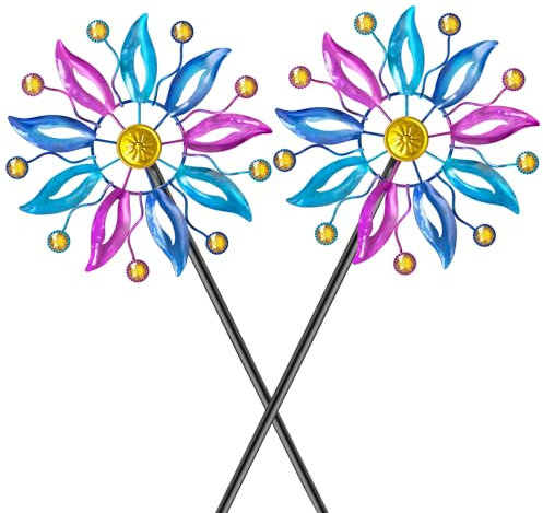 VeyFolzin.st 2Pcs Metall Windrad Garten Dekoration mit Diamant-Design in bunten Farben, Leichter Aufbau Windskulptur Spinner mit Metallpfahl, Elegante Windspiele für Garten, Rasen und Terrasse