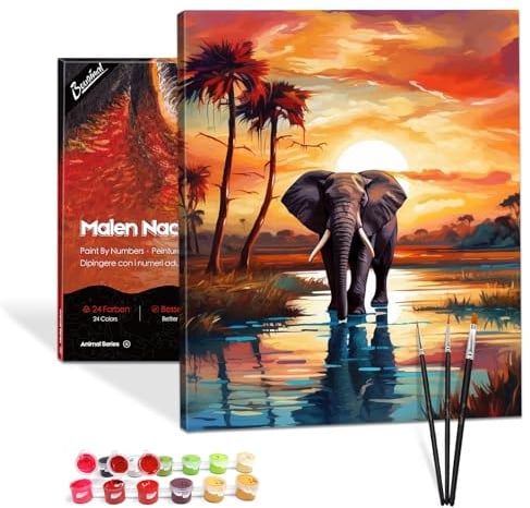 Bougimal Peinture par Numéros Animaux adultes avec pinceaux et peinture acrylique - 40 x 50 cm, Avec Cadre, Éléphant au coucher du soleil