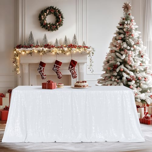 3E Home White Sequin Tablecloth,Rectangle Sequin Table Cover for Wedding Halloween Christmas Party Banquet 60 X 102 (152cm X 259cm)