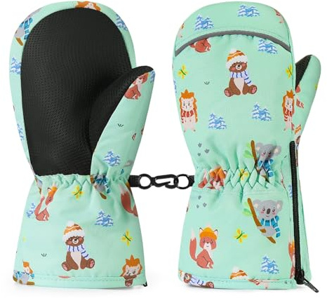 MoKo Moufles de Ski Enfants, Gants de Neige Imperméables Antidérapant, Gants Hiver Chaud Coupe-Vent avec Fermeture Éclair pour Enfants de 2-3 Ans, Gants de Ski en Velours pour Fille Garçon, XS, Vert