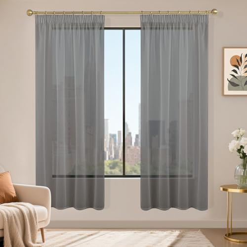 Runyéla Stores Gardinen mit Kräuselband 2er Set, Voile Schiebegardinen 175 x 140 (HxB), Transparent Gardine, Vorhang Dunkelgrau, Vorhänge für Wohnzimmer Schlafzimmer Sheer Curtain