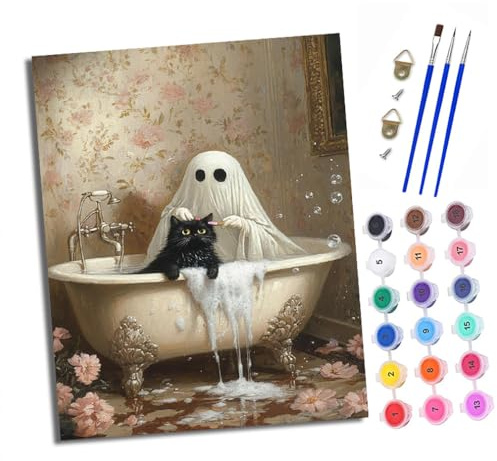 XXHXIE Paint by Numbers Paint by Numbers for Adults Beginners 40 x 50 cm Ghost Giving The Black cat a Bath Adults Paint by Numbers with Paint Brushes DIY Painting for Home Decoration with Frame