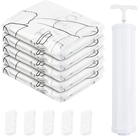 5 Stück Vakuumbeutel für Kleidung, Hängend Vakuumierbeutel Kleidung, Vakuum Kleiderbeutel mit Kleiderhaken, Vacuum Bags mit Handpumpe, Vakuumbeutel mit Haken Platzsparend für Anzüge, Mäntel