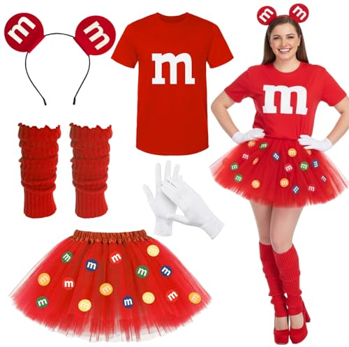 ZJKUBOIS 8 Stück M und M Kostüm Damen, Inkl. M Aufdruck T-Shirt, Tüllrock, M Haarreif, Beinstulpen, Handschuhe und M Deko, M und M Kostüm Damen Set für Karneval Fasching Verkleidung Cosplay