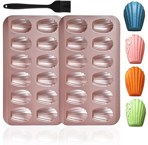 Akranini Madeleines Backform, 2 Stück Non-Stick 12 Cup Madeleine Baking Pan, Carbonstahl Anti-Haft mit Silikonpinsel für Ofen & Madeleines Gebäck (Golden)