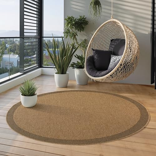 Carpettex Outdoor Teppich Rund 160 cm Beige, Wetterfest Pflegeleicht, Natürlicher Jute Look Teppich für Terrasse Garten Wohnzimmer Esszimmer robust und pflegeleicht