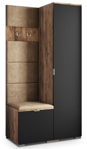 Masseno Flugarderoben Set Lori, Kleiderschrank-Set mit Sitzbank, Garderobenschrank Flur mit 3 Regalböden, Eiche Lefkas/Schwarz