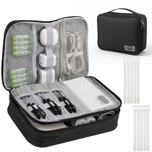 RoyalChic Kabeltasche Groß Doppelschicht, Wasserdicht, mit 10 Kabelbindern | Tragbarer Kabel Organizer Tasche mit Trennsteg, für Ladekabel, Powerbank & iPad Mini, Elektronik Reise Aufbewahrung
