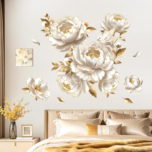 decalmile Wandsticker 3D Weiß Gold Blumen Wandtattoo Pfingstrose Blätter | Abziehbare und Aufklebbare Wandaufkleber, DIY Abnehmbare Wandkunst Abziehbilder, Wandfreundlich, Leuchtenden Farben