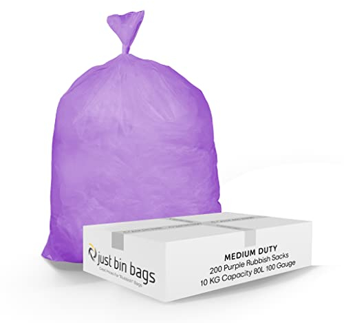 Rubbish Bags 80l Medium Duty Coloured Refuse Sacks Bin Liners - 100 Gauge, 25 Micron, Weight Capacity 10kg - 45cm x 72cm x 97cm (200 Bags) - Purple