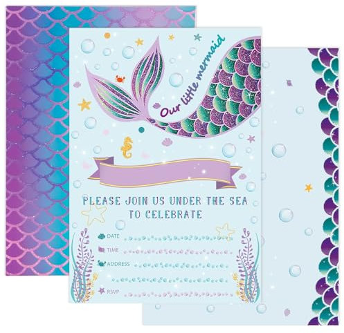 WERNNSAI Mermaid Party Invitations - 20 Set Glitter Mermaid Birthday Party Invitations with Envelopes for Kids Girls Party Invited Cards Mermaid Party Supplies Baby Shower