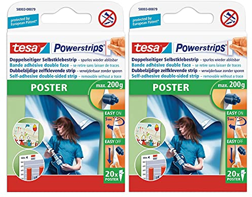 tesa Powerstrips® Poster-Klebestreifen, max. 200 g, spurlos wieder ablösbar (1 Packung mit 20 Stück) (2 Packungen)