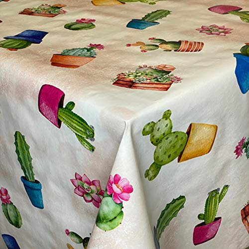 KEVKUS Wachstuch Tischdecke 01457-04 Kaktus Kaktee Pflanze Garten beige braun eckig rund oval (Rand: Schnittkante (ohne Einfassung), 110 x 260 cm eckig Biertisch XXL)