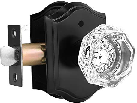 Gobrico Bouton de porte octogonale en cristal noir mat avec verrouillage, serrure de porte intérieure en verre diamant transparent pour lit ou baignoire 1 lot