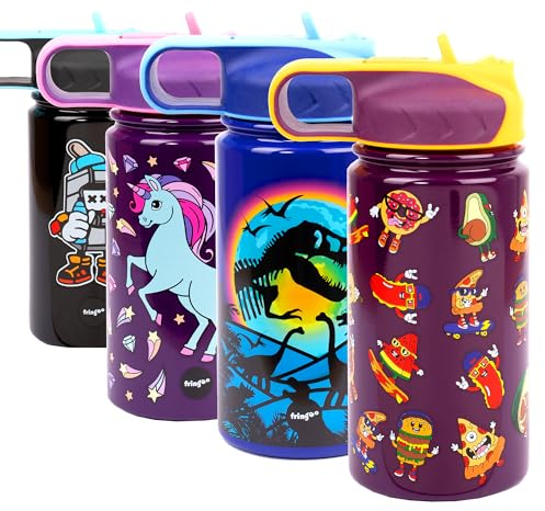 Fringoo - Coole Kinder Trinkflasche mit Strohhalm- Kurze BPA freie Trinkflaschen - Isolierte Trinkflasche - Edelstahl Trinkflasche - Kinder Trinkflaschen - Wiederverwendbare Trinkflasche - 350 ml
