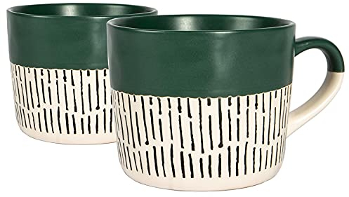 Nicola Spring Ceramic Coffee Mugs Set - 475ml - 2pc Sage Dipped Dash Stoneware Coffee Cups Dishwasher & Microwave Safe Large Tea Mugs for Hot Drinks, Hot Chocolate, Tea