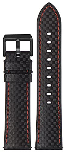 Stailer Uhrarmband 22mm schwarz, aus Polyurethan mit Kohlenstoff-Textur, mit Silikonfutter, Ersatzarmband 22 mm, Armband mit Edelstahl Metall Schließe matt PVD-beschichtet für Herren, mit roter Naht