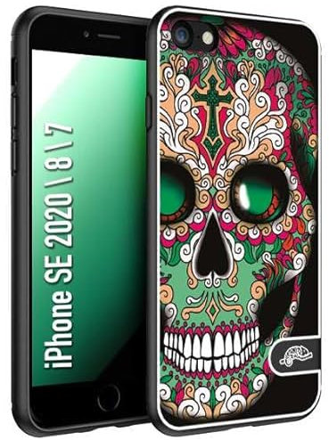 CUSTOMIZZA - Custodia cover nera morbida in tpu compatibile per iPhone 7-8 - SE 2020/2022 teschio messicano Mexican skull verde fucsia