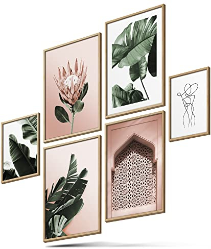 BLCKART Botanique Rose Set de posters naturels Plantes Décoration de salon Chambre à coucher Vert Rose (L | 4 x A3 | 2 x A4 | Sans cadre)