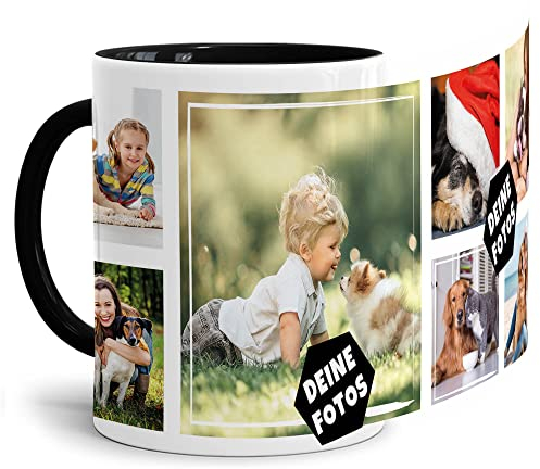 Foto-Tasse zum selbst gestalten mit Foto-Collage für 7 Wunschfotos - Geschenk für Familie, Freunde, Geburtstag, Weihnachten - Keramik Innen & Henkel Schwarz, 300 ml I Personalisiert