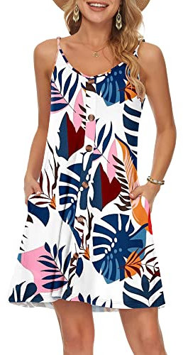 WNEEDU Vestido Mujer Verano Playa Correa Vestidos Corto Cuello en V Casual con Bolsillos PláTano Azul XXL