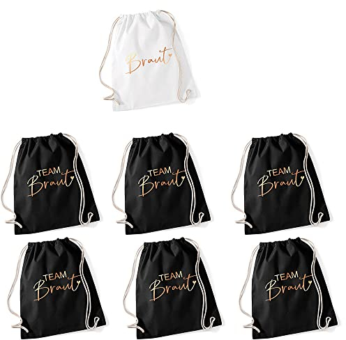 JGA Set Turnbeutel Rucksack BRAUT & TEAM BRAUT Stofftaschen für Junggesellenabschied Bride & Bride Crew Farben schwarz, weiß & rosé-gold Inhalt: 6x Beutel Team Braut & 1x Beutel Braut