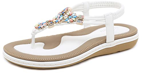ZOEASHLEY Sandalen Damen Sommer Flache Zehentrenner Sandaletten Bohemian Flip Flops Weiß08 37