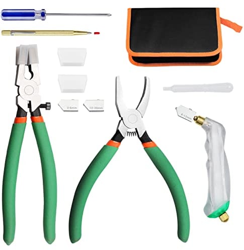 SPEEDWOX 12-teiliges Glasschneidewerkzeug-Set beinhaltet Glaslaufzange mit 2 Paar Gummispitzen, Breaker Grozer Zange, Ölzufuhr Glasschneider-Set, Schraubendreher, gravierter Stift