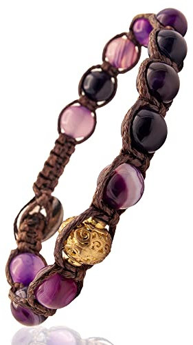 Samsara Bracciale Tibetano Buddista - shamballa con pietra in Agata Viola Striata - Filo in cotone cerato marrone
