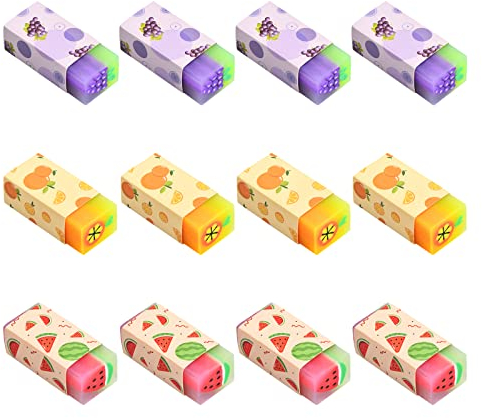 Xzeemo 12 Stück Radiergummi Kinder, Fruchtgeschmack Radiergummi Set, Weich Radierer, Süße Obst Radiergummis, für Kinder Studenten Schule Bürobedarf Schreibwaren Weihnachten Geschenk