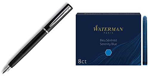 Waterman Graduate Allure Stylo-plume, Laque Noir Mate, encre bleue, emballé Sous Blister & cartouches d’encre pour stylo plume | format long « standard » | couleur Bleu Sérénité | boîte de 8