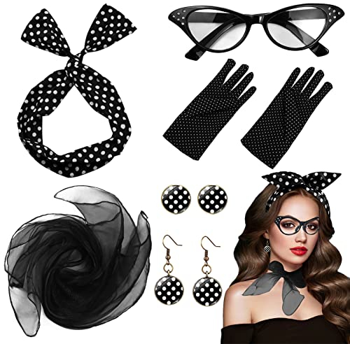 6 Stücke Rockabilly Accessoires Damen, 50er Jahre Kleider Damen Zubehör retro accessoires 50er kostüm 50er jahre damen set chiffon schal katzenauge brille Polka Dot Stirnband Ohrringe Handschuhe