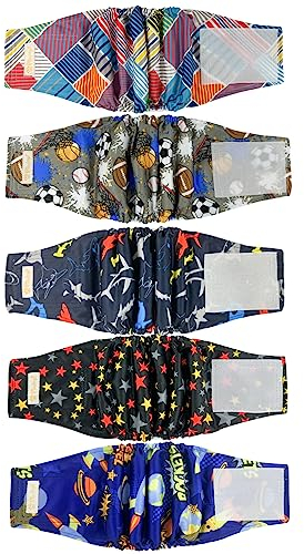 BLIWINPT Wiederverwendbare Hundewindeln für Rüden, stark absorbierendes Bauchband für männliche Hunde, waschbar, mit niedlichen Mustern, 5 Packungen (S, 22,9 cm – 27,9 cm Taille)
