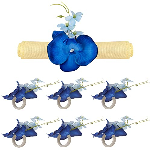6er Set Blumen Serviettenringe,Künstliche Blumen Serviettenringhalter Serviettenschlaufenschnalle Tischdekoration Serviettenhalter für Hochzeitsfeier Abendessen Jubiläum Esstischdekoration,Blau
