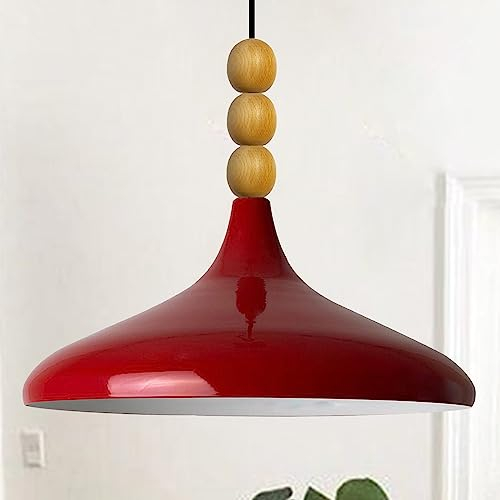 bamyum Champion Pendelleuchte aus Holz, 35 cm Hängelampe Metall E27 Moderne Esstisch Lampe, Skandinavisch Pendellampe für Schlafzimmer Wohnzimmer Küche Esstisch, Rot Küchenlampe Hängend