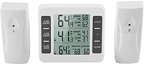Kabelloses Digitales Gefrierschrank-Thermometer, Kühlschrank-Thermometer, Temperatursensor mit 2 Sensoren, 24-Stunden-Min.-Höchsttemperaturaufzeichnungen mit Akustischem Alarm