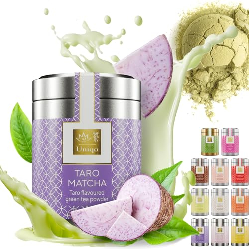 Tea Uniqo – Taro Matcha Pulver – Matcha Latte Pulver mit Tarowurzel Geschmack, Ideal für Bubble Tea o. pur, ohne künstliche Farbstoffe in edler Dose