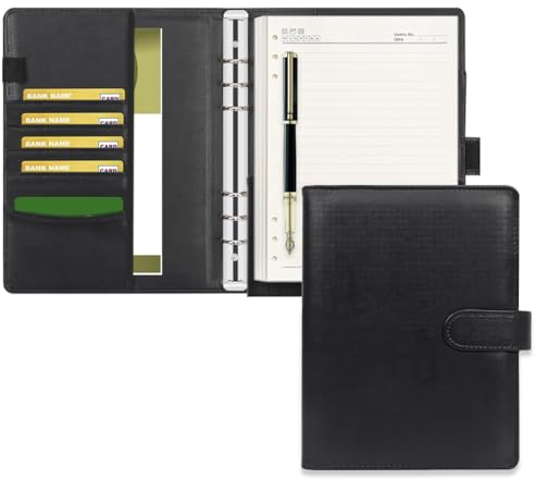 Konferenzmappe, PU Leder Budget Binder, Schreibmappe A5, Ordner Portfolio, Notizblock nachfüllbar, Notizbuch Cover für A5 Füllpapier (Schwarz)