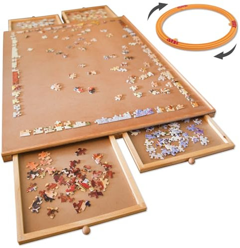 Bits and Pieces Rotating Puzzle Board with Drawers – 1500 Piece Jigsaw Puzzle Table Organizer with Lazy Susan Spinner – The Original Premium Wooden Puzzle Board for Adults, Portable & Durable Design