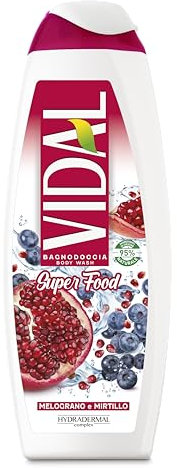 Vidal - Bagnoschiuma Super Food Melograno e Mirtillo, Formula Rivitalizzante, con Accordi Agrumati e Legnosi, Dermatologicamente Testato, 500ml